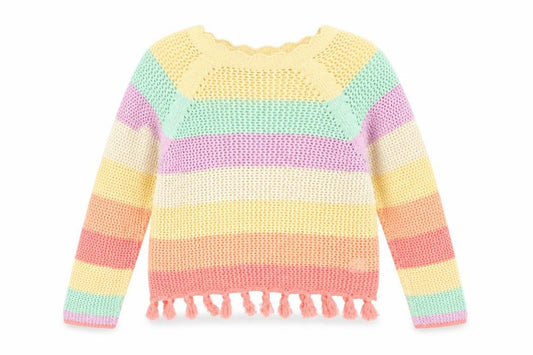 Front view of Next girls’ multicoloured 11 years cotton knit striped tassel jumper