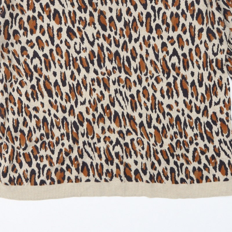 H&M Women Beige Leopard Print Cotton Knit Jumper UK 12 Crew Neck