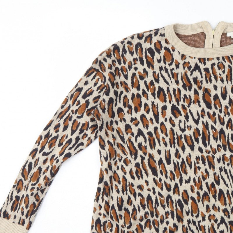 H&M Women Beige Leopard Print Cotton Knit Jumper UK 12 Crew Neck