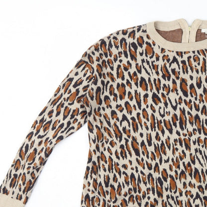 H&M Women Beige Leopard Print Cotton Knit Jumper UK 12 Crew Neck