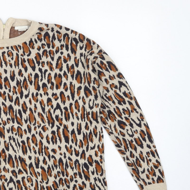 H&M Women Beige Leopard Print Cotton Knit Jumper UK 12 Crew Neck
