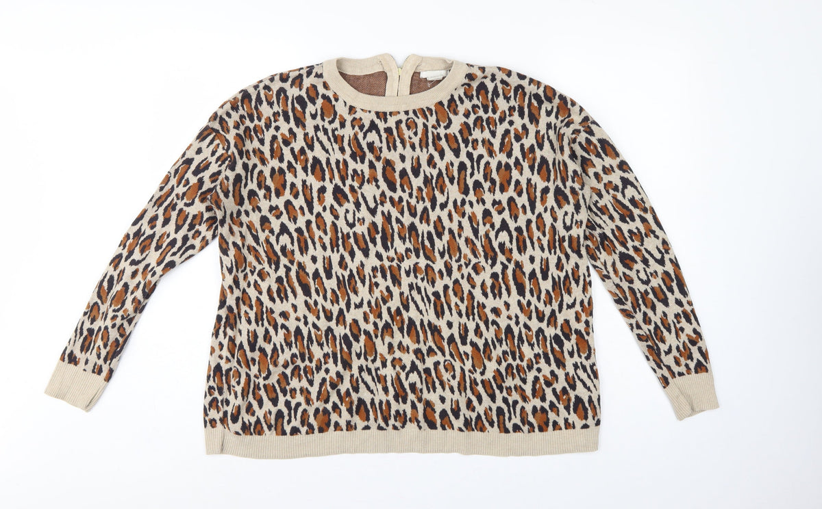 H&M Women Beige Leopard Print Cotton Knit Jumper UK 12 Crew Neck