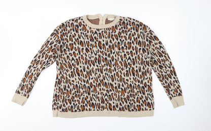 H&M Women Beige Leopard Print Cotton Knit Jumper UK 12 Crew Neck