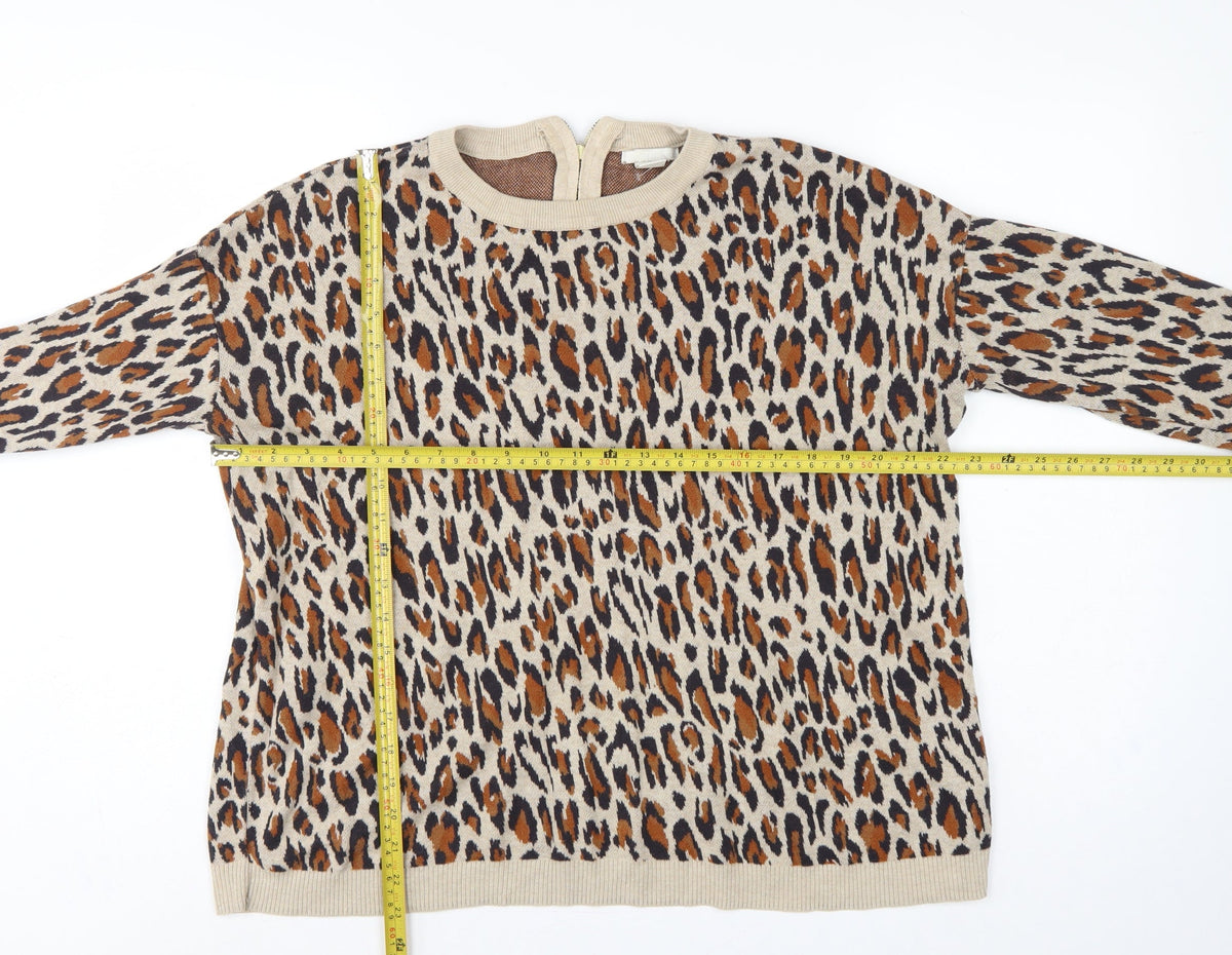 H&M Women Beige Leopard Print Cotton Knit Jumper UK 12 Crew Neck