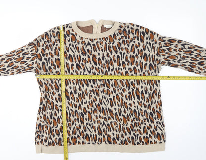H&M Women Beige Leopard Print Cotton Knit Jumper UK 12 Crew Neck