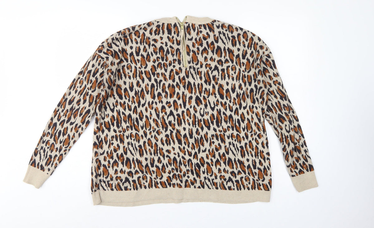H&M Women Beige Leopard Print Cotton Knit Jumper UK 12 Crew Neck