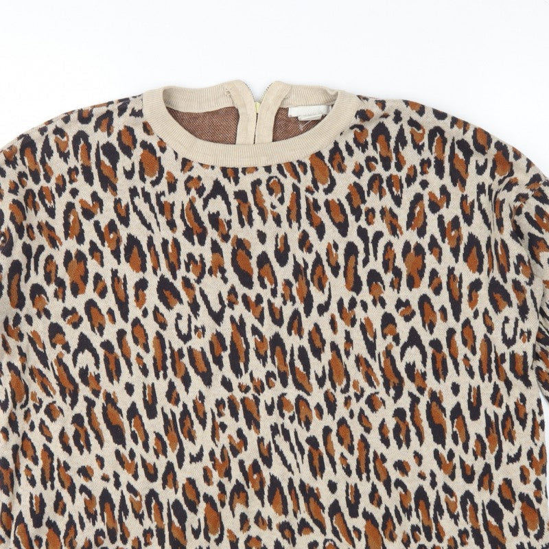 H&M Women Beige Leopard Print Cotton Knit Jumper UK 12 Crew Neck