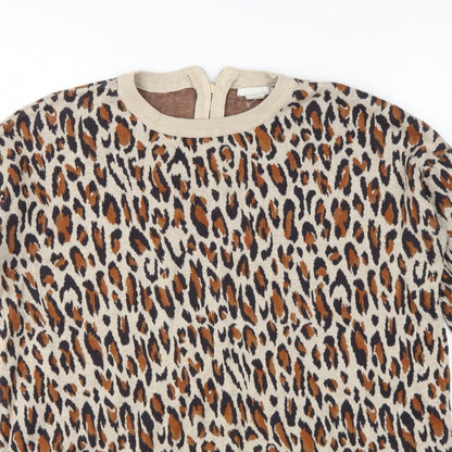 H&M Women Beige Leopard Print Cotton Knit Jumper UK 12 Crew Neck