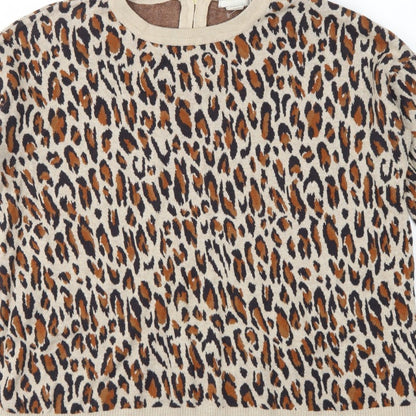 H&M Women Beige Leopard Print Cotton Knit Jumper UK 12 Crew Neck