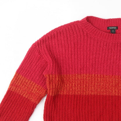 Boohoo Women Red Orange Stripe Chunky Knit Crew Neck Jumper M
