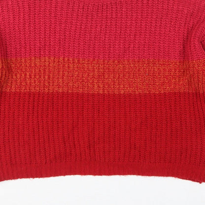 Boohoo Women Red Orange Stripe Chunky Knit Crew Neck Jumper M