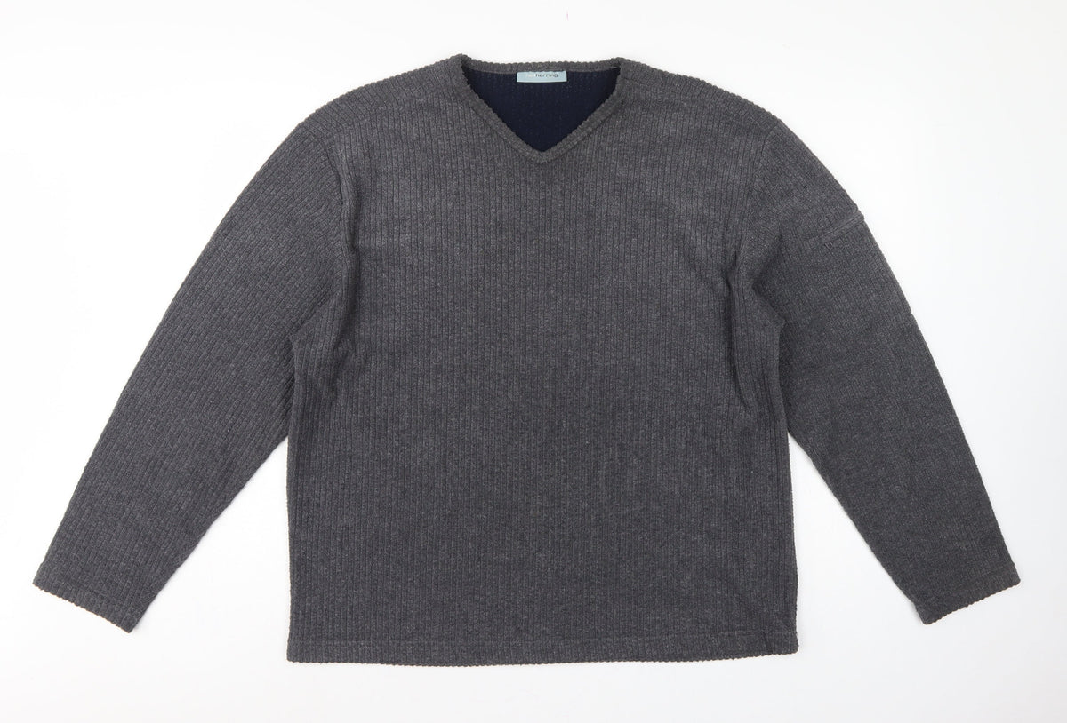 Red Herring Men’s Grey L V-Neck Ribbed Knit Pullover Jumper