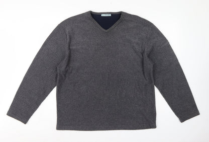 Red Herring Men’s Grey L V-Neck Ribbed Knit Pullover Jumper