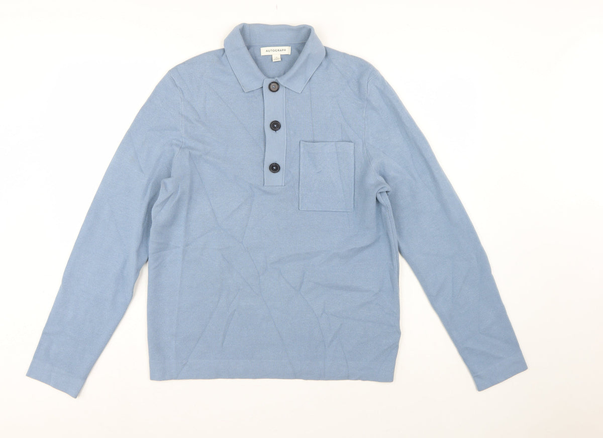 Autograph Men’s Blue M Henley Collared Knit Jumper Pocket