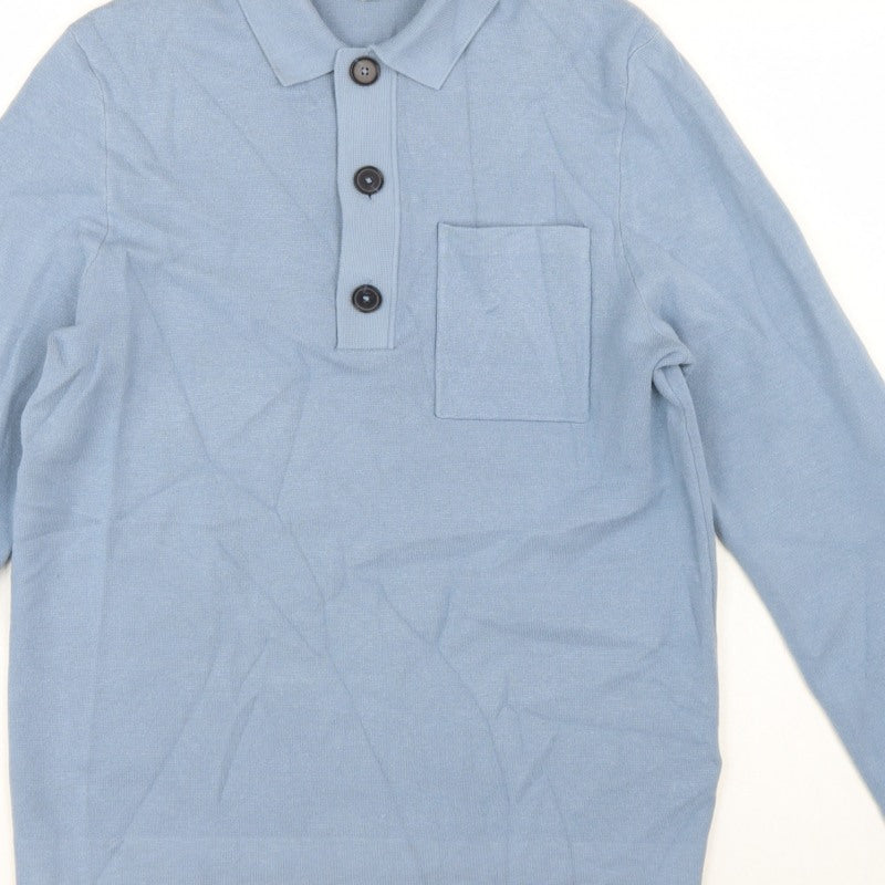Autograph Men’s Blue M Henley Collared Knit Jumper Pocket