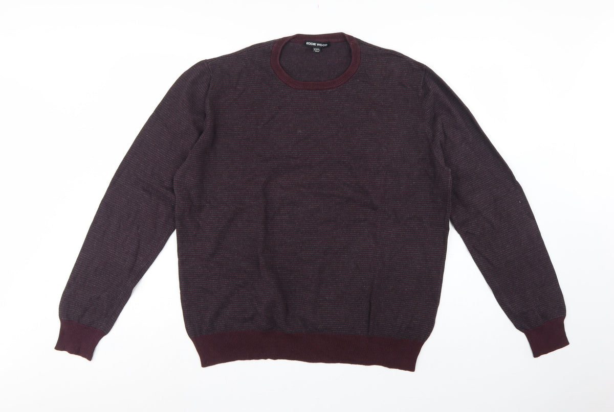 Eddie Wood Men’s Red 3XL Striped Crew Neck Cotton Jumper