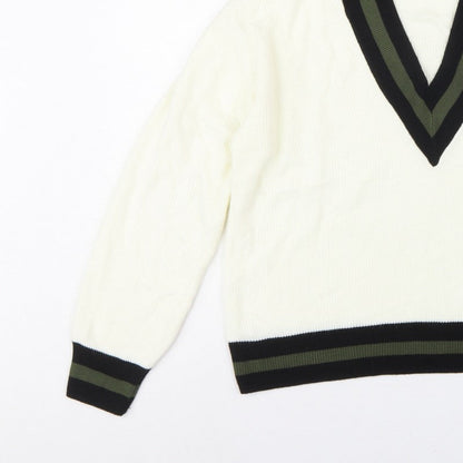 MNG Women’s Ivory S V-Neck Striped Trim Knit Pullover Jumper