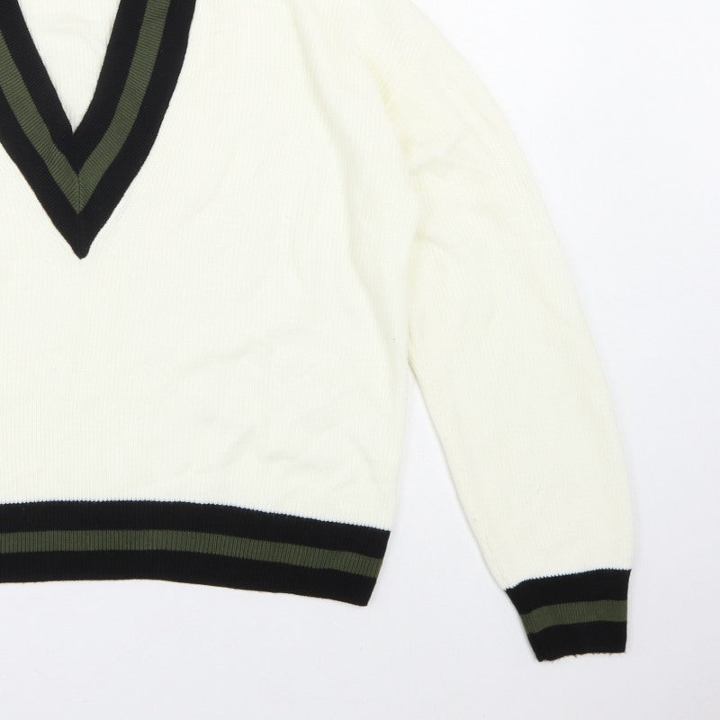 MNG Women’s Ivory S V-Neck Striped Trim Knit Pullover Jumper