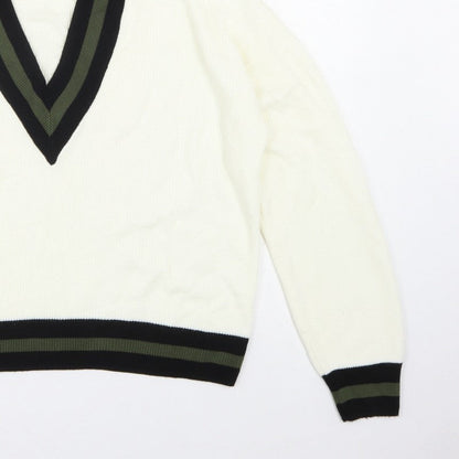 MNG Women’s Ivory S V-Neck Striped Trim Knit Pullover Jumper