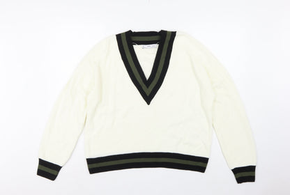 MNG Women’s Ivory S V-Neck Striped Trim Knit Pullover Jumper