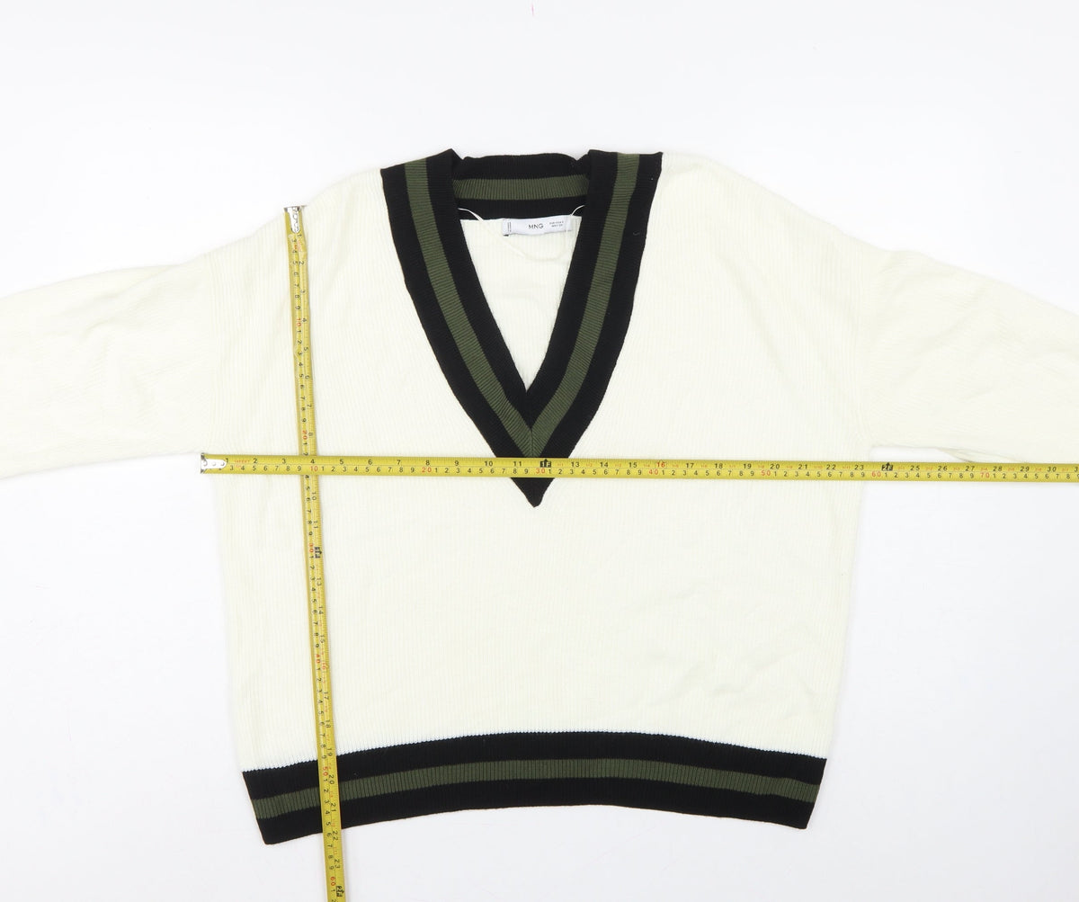 MNG Women’s Ivory S V-Neck Striped Trim Knit Pullover Jumper