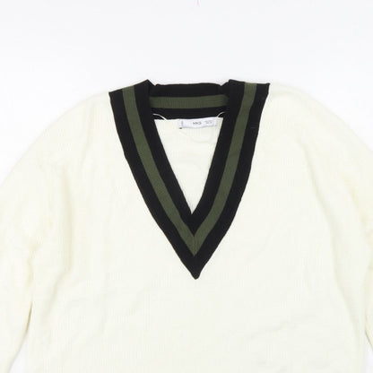 MNG Women’s Ivory S V-Neck Striped Trim Knit Pullover Jumper
