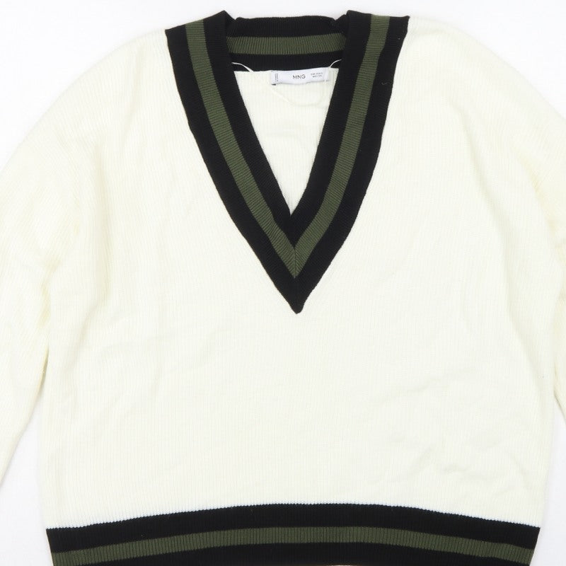 MNG Women’s Ivory S V-Neck Striped Trim Knit Pullover Jumper