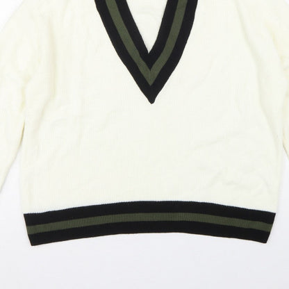 MNG Women’s Ivory S V-Neck Striped Trim Knit Pullover Jumper