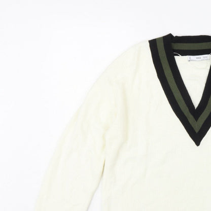 MNG Women’s Ivory S V-Neck Striped Trim Knit Pullover Jumper