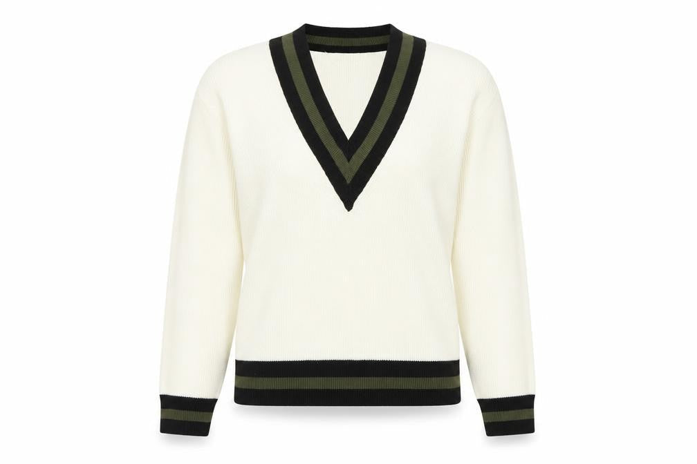 MNG Women’s Ivory S V-Neck Striped Trim Knit Pullover Jumper