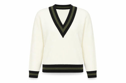 MNG Women’s Ivory S V-Neck Striped Trim Knit Pullover Jumper