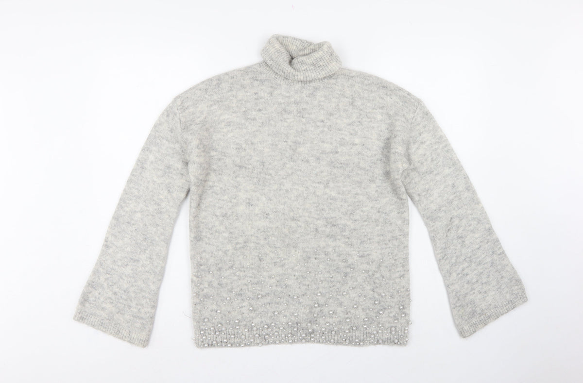 Next Women’s Grey Pearl Beaded Roll Neck Jumper Size 10 Knit