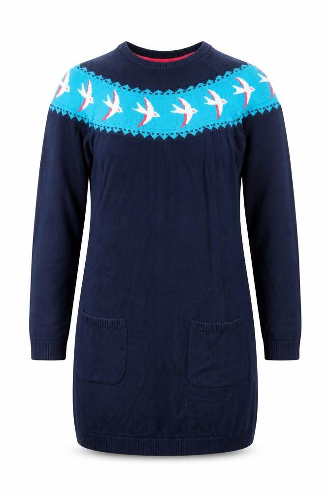 Frugi Bloom Women’s Blue UK 12 Bird Knit Jumper Dress Pockets