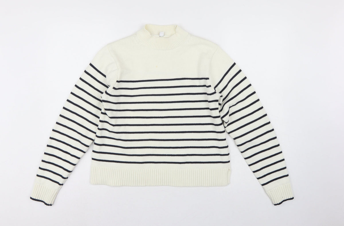 Uniqlo Women Ivory Black Striped XS Mock Neck Cotton Blend Jumper