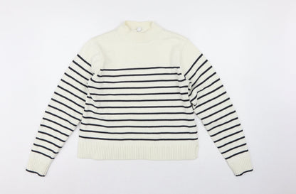 Uniqlo Women Ivory Black Striped XS Mock Neck Cotton Blend Jumper