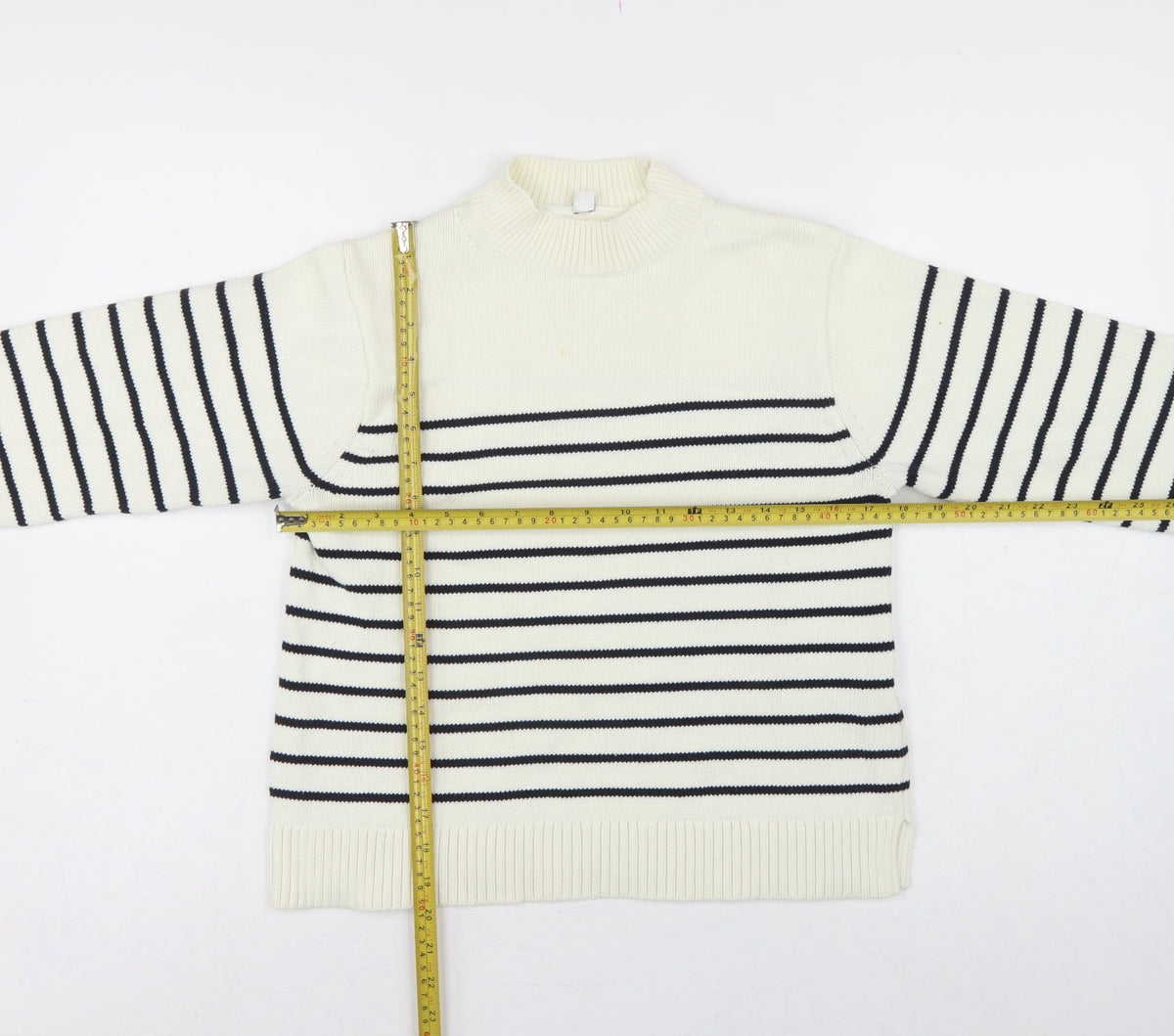 Uniqlo Women Ivory Black Striped XS Mock Neck Cotton Blend Jumper