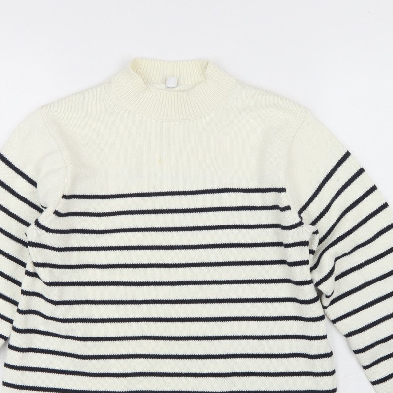 Uniqlo Women Ivory Black Striped XS Mock Neck Cotton Blend Jumper