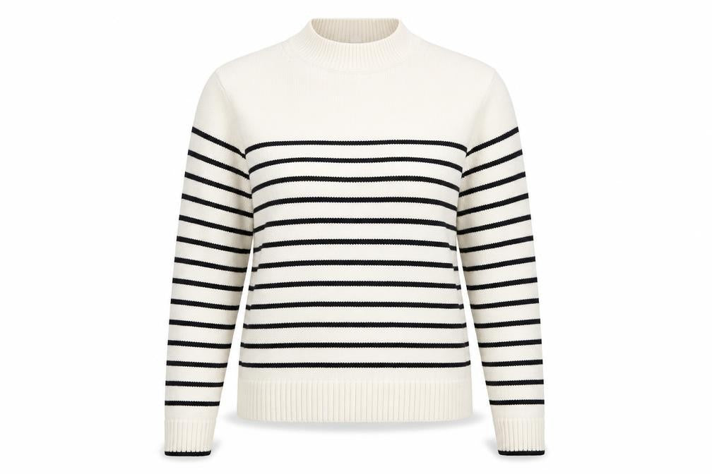 Uniqlo Women Ivory Black Striped XS Mock Neck Cotton Blend Jumper