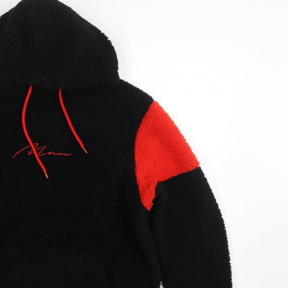 boohooMAN Men's Black Red Sherpa Fleece Hoodie Small Pullover Logo