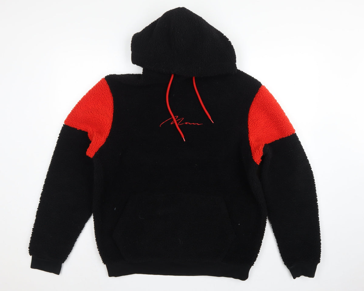 boohooMAN Men's Black Red Sherpa Fleece Hoodie Small Pullover Logo