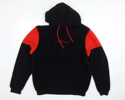 boohooMAN Men's Black Red Sherpa Fleece Hoodie Small Pullover Logo