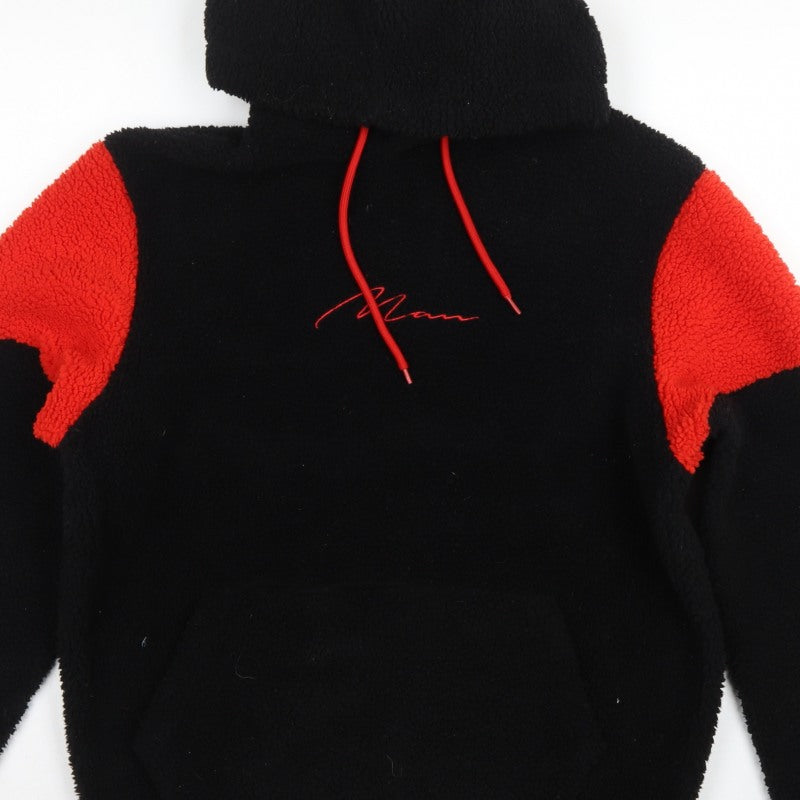 boohooMAN Men's Black Red Sherpa Fleece Hoodie Small Pullover Logo