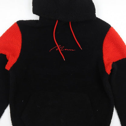 boohooMAN Men's Black Red Sherpa Fleece Hoodie Small Pullover Logo