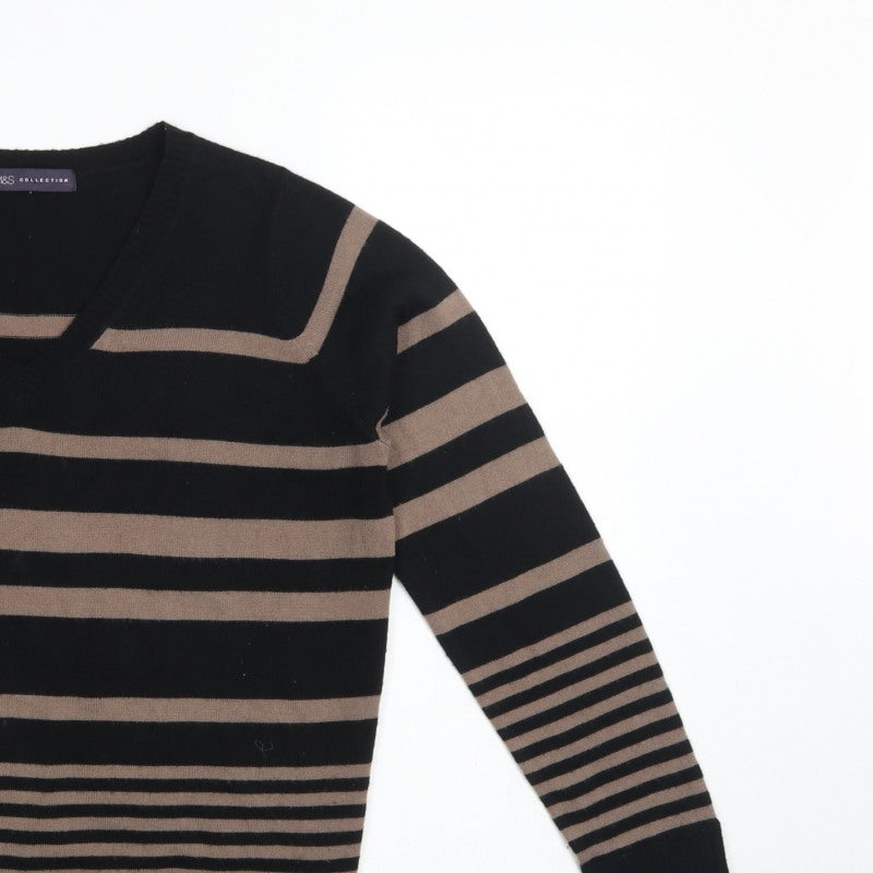Marks and Spencer Women Black Brown UK 12 V-Neck Striped Knit Jumper