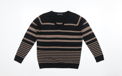 Marks and Spencer Women Black Brown UK 12 V-Neck Striped Knit Jumper