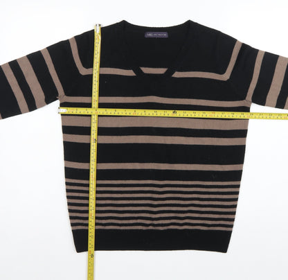 Marks and Spencer Women Black Brown UK 12 V-Neck Striped Knit Jumper