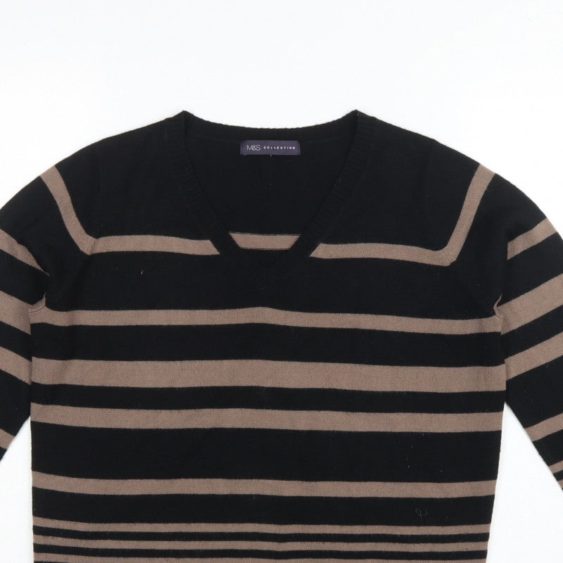 Marks and Spencer Women Black Brown UK 12 V-Neck Striped Knit Jumper