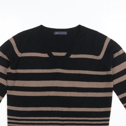 Marks and Spencer Women Black Brown UK 12 V-Neck Striped Knit Jumper