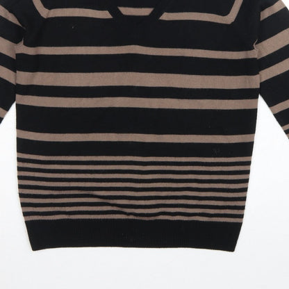 Marks and Spencer Women Black Brown UK 12 V-Neck Striped Knit Jumper