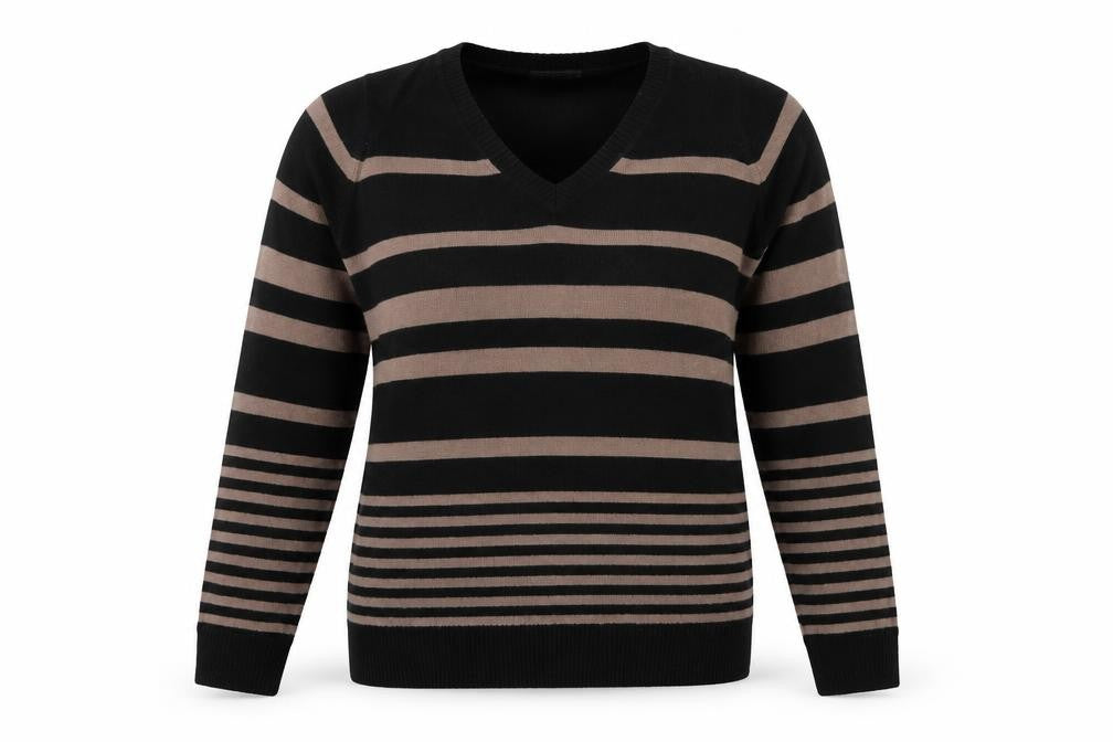 Marks and Spencer Women Black Brown UK 12 V-Neck Striped Knit Jumper